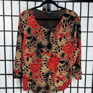 Brittany Black Womens Blouse 2X Floral Long Sleeve Top Red & Black Stretchy